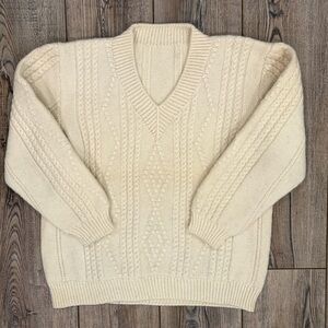 Handmade Cream Cable-Knit Wool Sweater • Heavy Chunky Knit • V-Neck